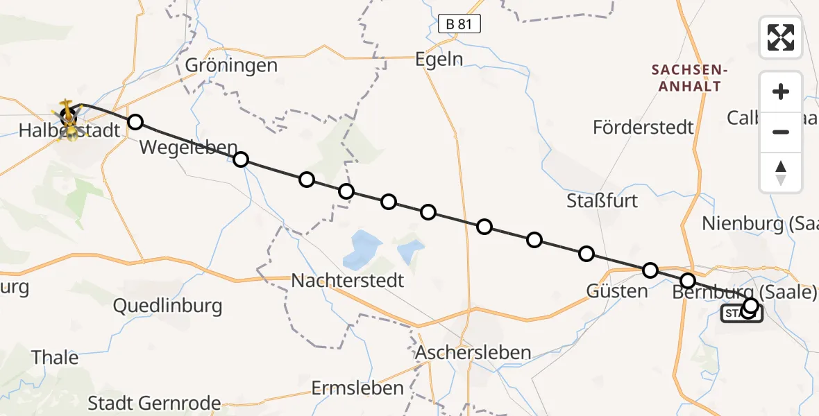 Flugroute Rettungshubschrauber AMEOS Hospital Bernburg - AMEOS Hospital Sankt Salvator Halberstadt, 18 Mai 2026, 09:47