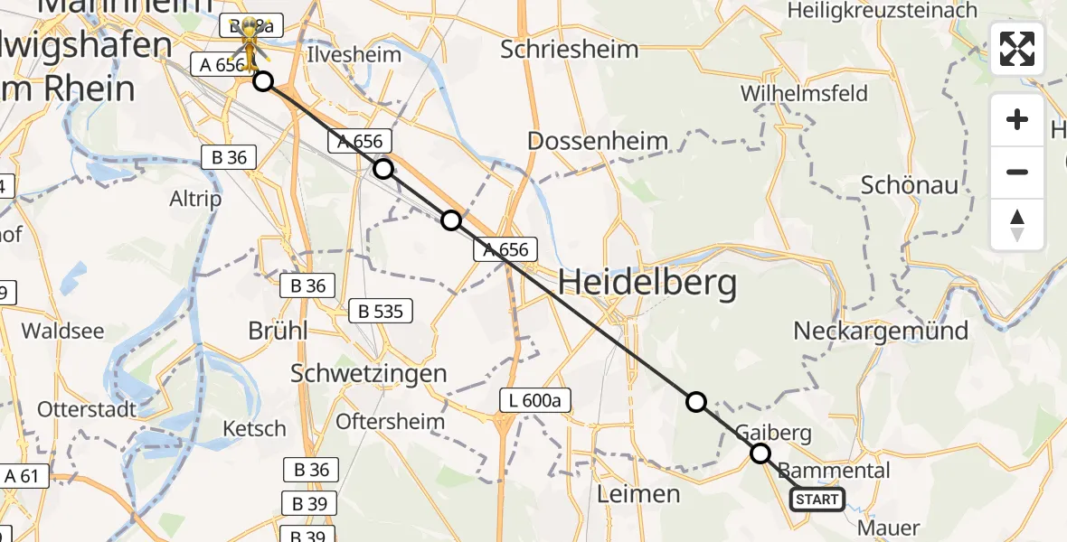 Flugroute Rettungshubschrauber Bammental - Mannheim-City Flughafen, 18 Mai 2026, 09:53