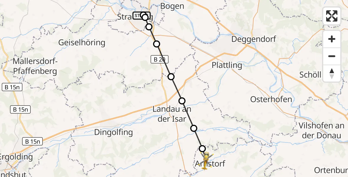 Flugroute Rettungshubschrauber Sankt Elisabeth Hospital Straubing - Arnstorf, 18 Mai 2026, 09:55