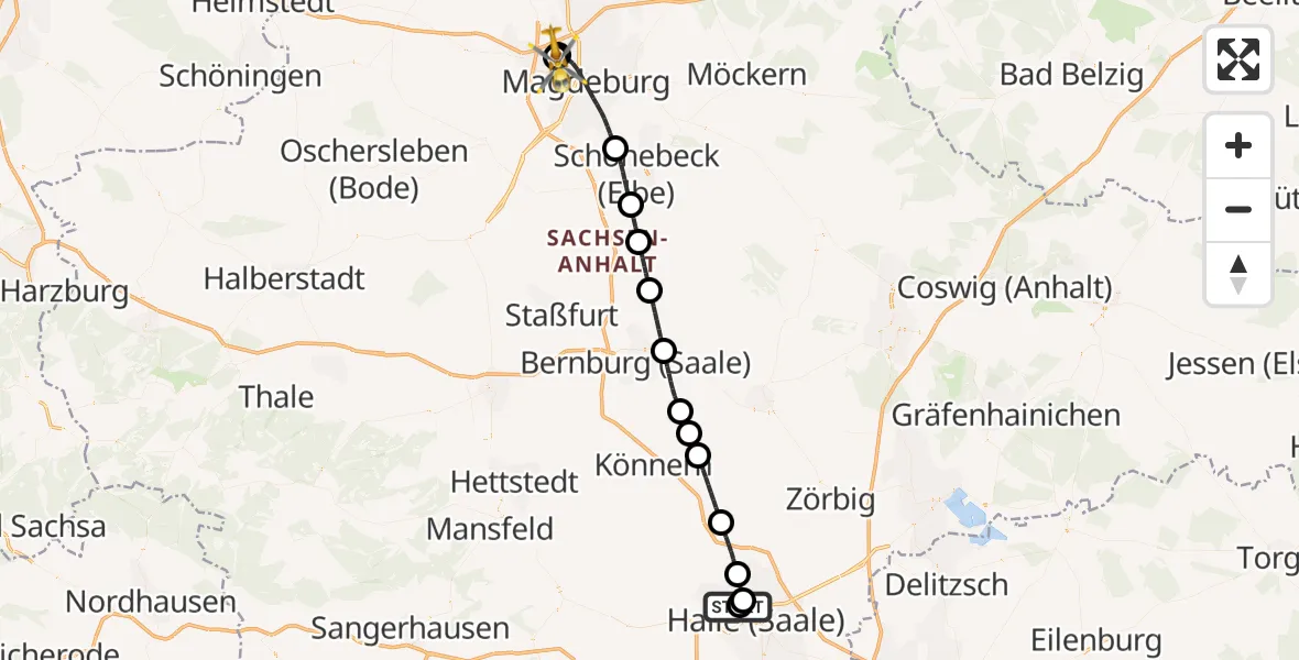 Flugroute Rettungshubschrauber Halle (Saale) University Hospital - Magdeburg Hospital, 18 Mai 2026, 10:01