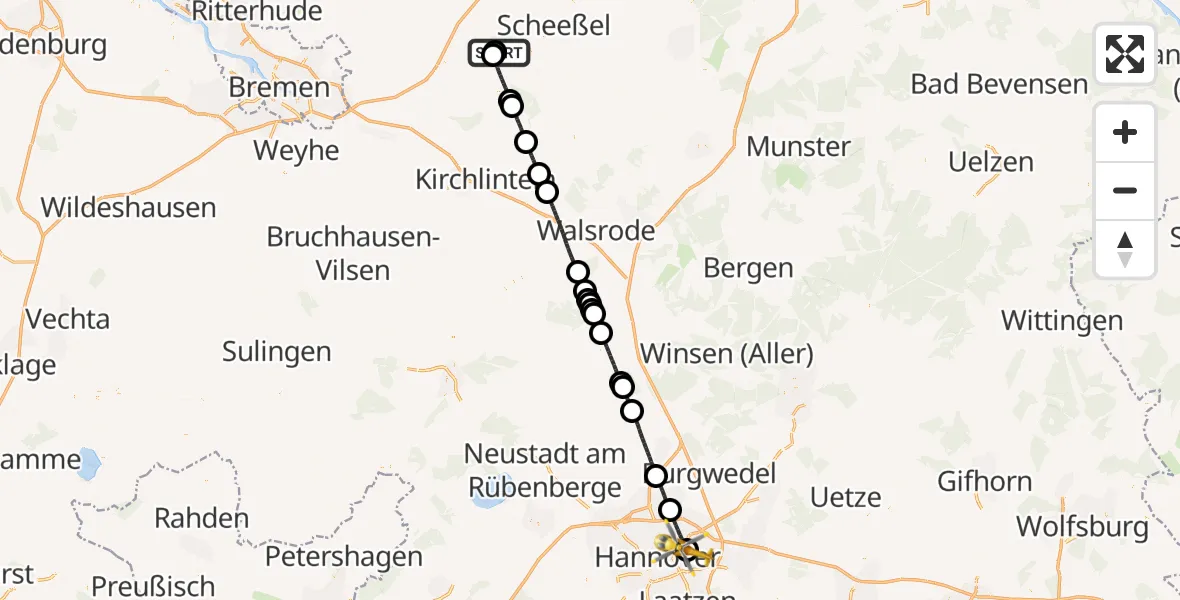 Flugroute Rettungshubschrauber Rotenburg (Wümme) Flugplatz - Hannover Luftrettung Hubschrauberlandeplatz (Christoph 4), 18 Mai 2026, 10:03