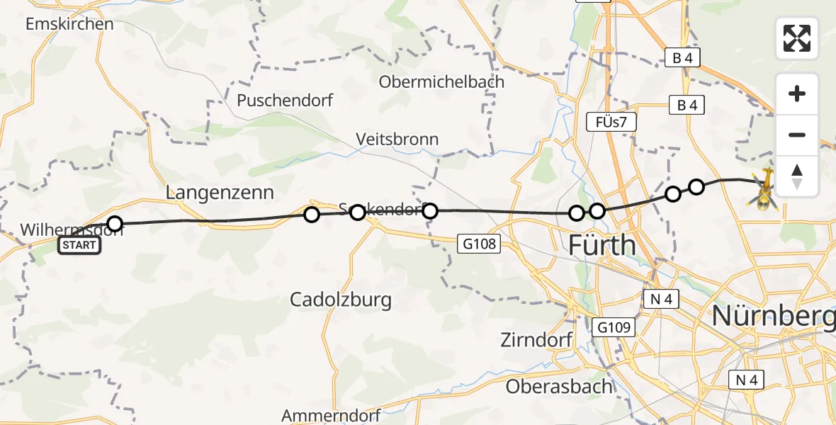 Flugroute Ambulanzhubschrauber Wilhermsdorf - Flughafen Nuremberg, 18 Mai 2026, 10:03