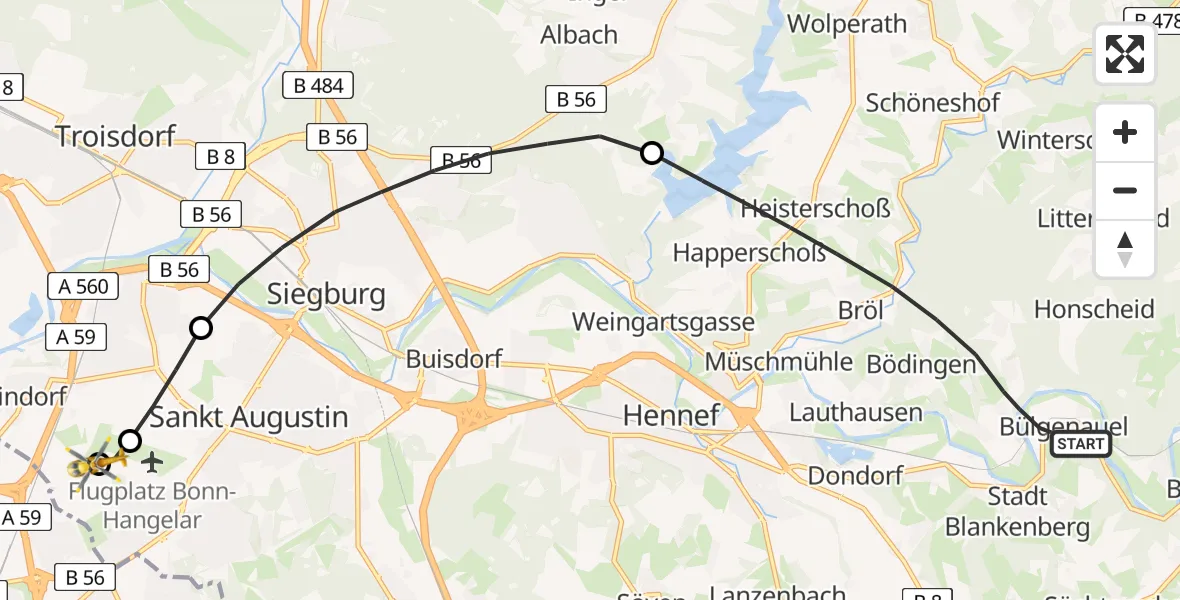 Flugroute Rettungshubschrauber Hennef (Sieg) - Sankt Augustin, 18 Mai 2026, 10:07
