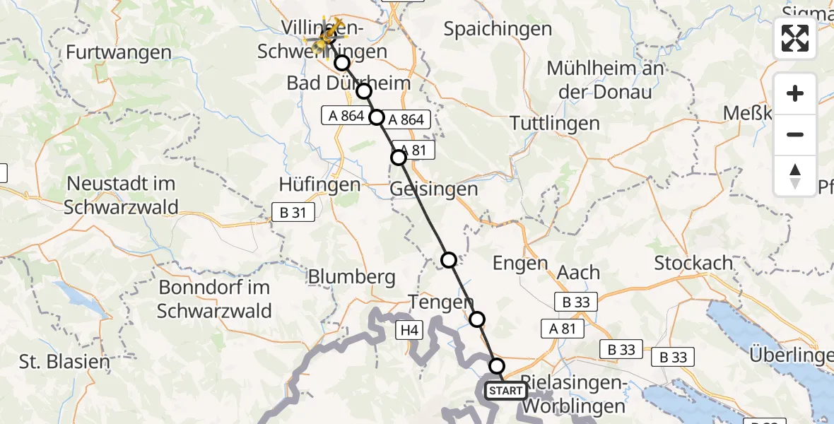 Flugroute Rettungshubschrauber Gottmadingen - DRF Air Rescue Station Villingen-Schwenningen Hubschrauberlandeplatz (Christoph 11), 18 Mai 2026, 10:16