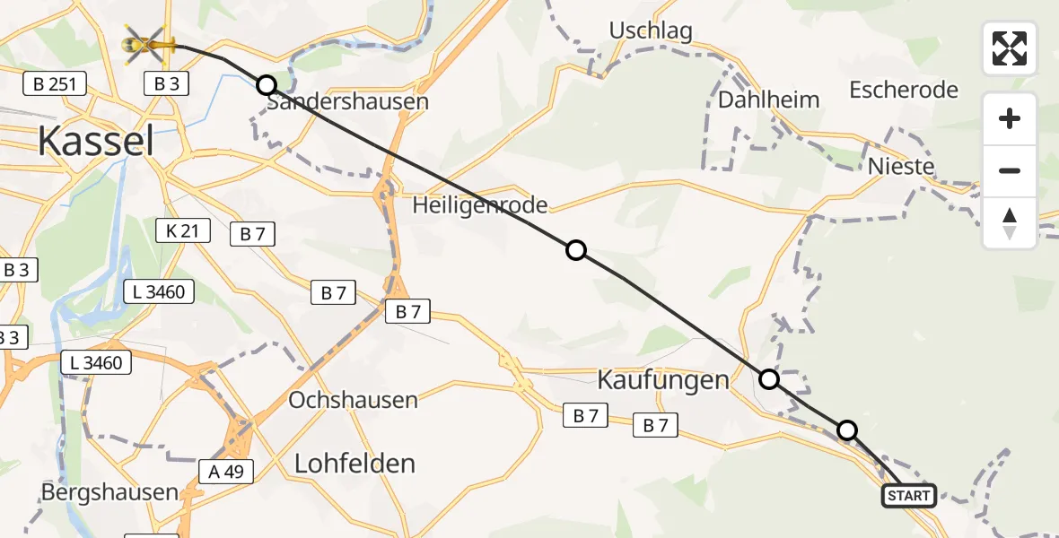 Flugroute Rettungshubschrauber Helsa - Kassel, 18 Mai 2026, 10:20
