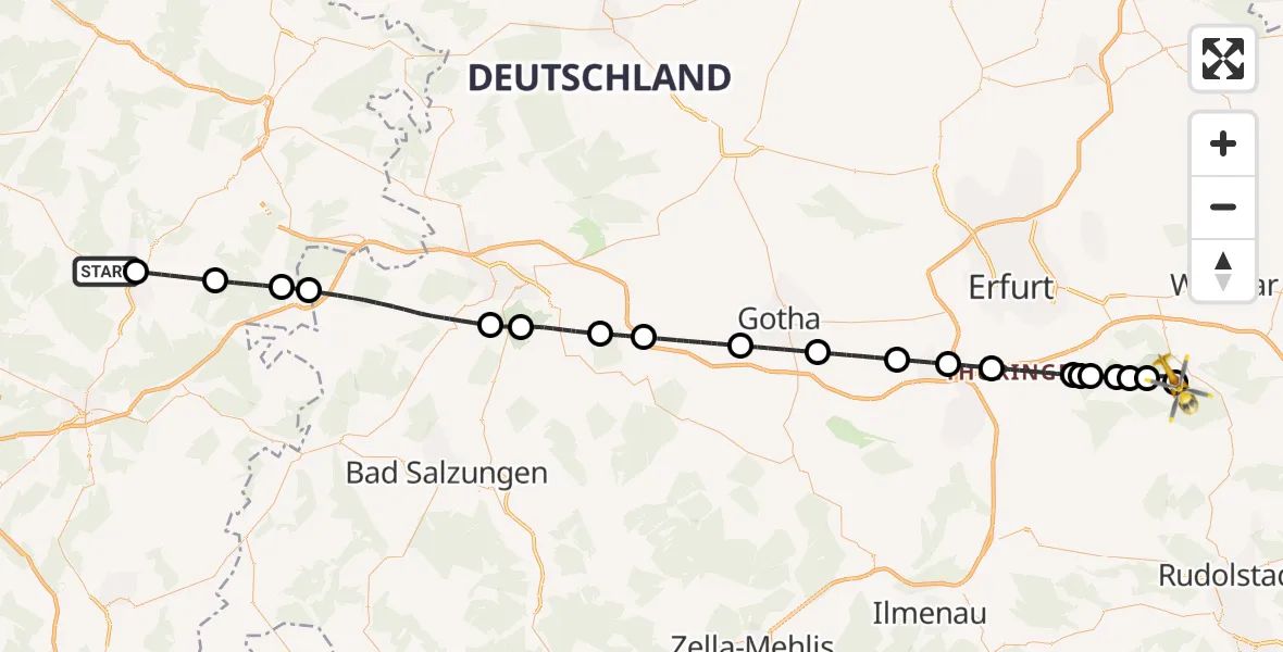 Flugroute Ambulanzhubschrauber Rotenburg a.d.Fulda - DRF Rettungsstation Bad Berka Hubschrauberlandeplatz, 18 Mai 2026, 10:22