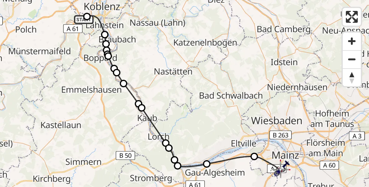 Flugroute Polizeihubschrauber Koblenz-Winningen Flugplatz - Mainz, 18 Mai 2026, 10:23