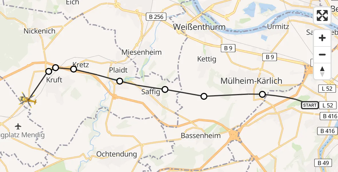 Flugroute Rettungshubschrauber Koblenz - Kruft, 18 Mai 2026, 10:26