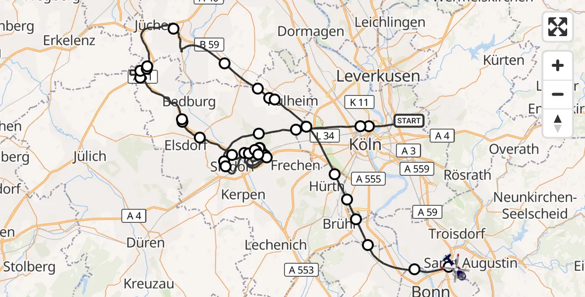 Flugroute Polizeihubschrauber Köln - Sankt Augustin, 18 Mai 2026, 10:26