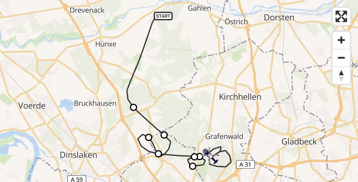 Flugroute Polizeihubschrauber Hünxe - Bottrop, 18 Mai 2026, 10:29