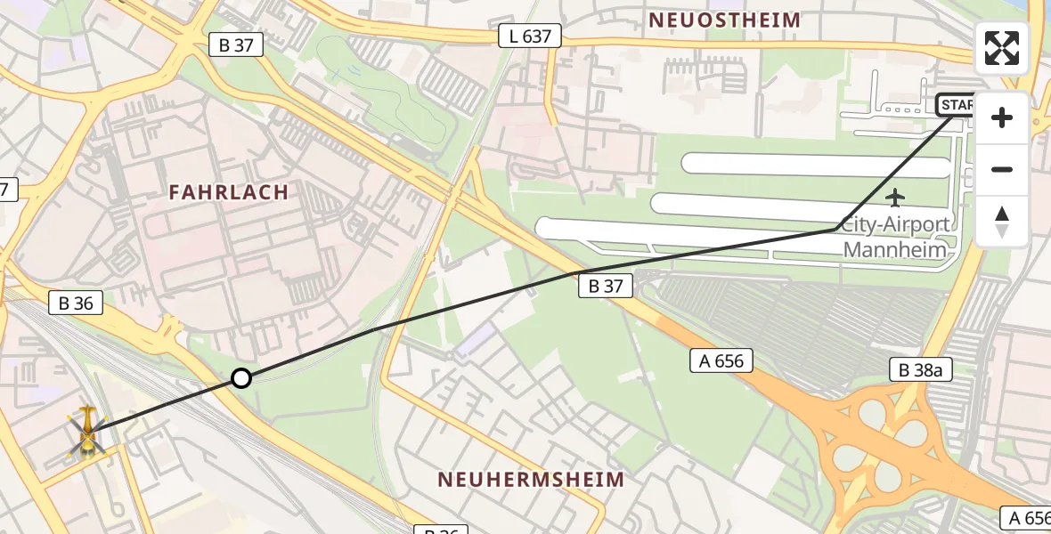 Flugroute Rettungshubschrauber Mannheim-City Flughafen - Mannheim, 18 Mai 2026, 10:29