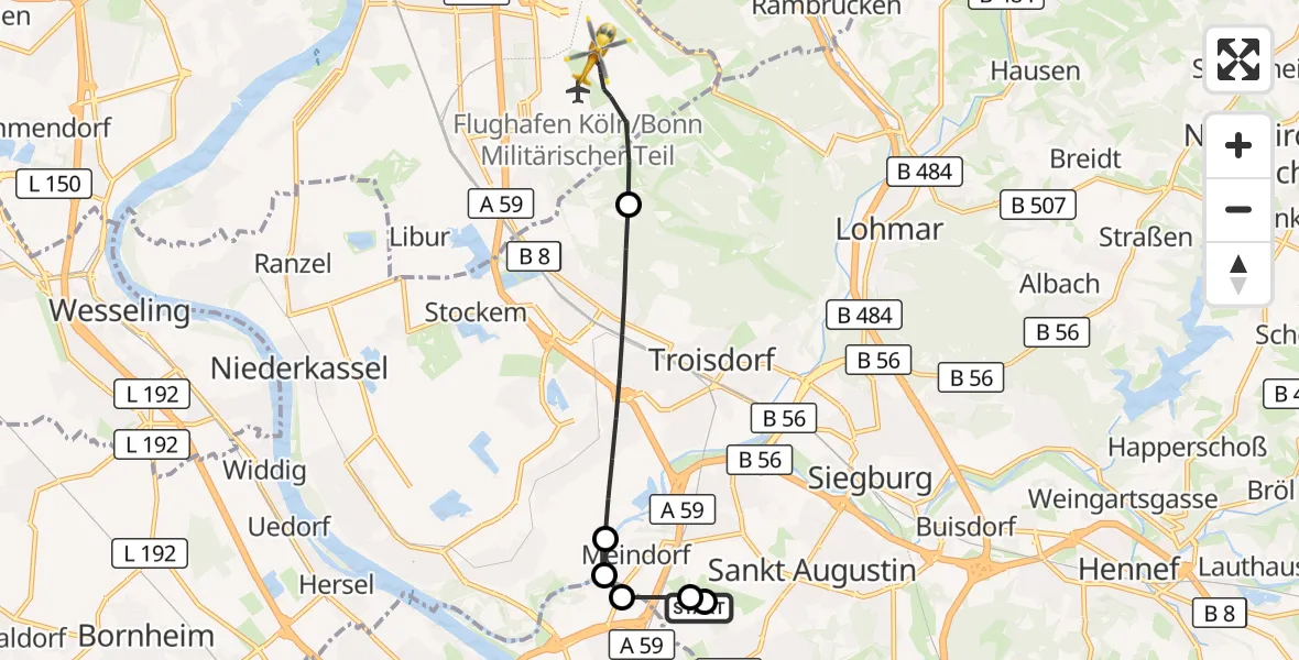 Flugroute Rettungshubschrauber Sankt Augustin - Köln Bonn Flughafen, 18 Mai 2026, 10:32