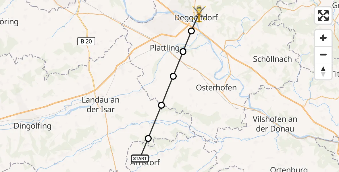 Flugroute Rettungshubschrauber Arnstorf - Deggendorf, 18 Mai 2026, 10:33