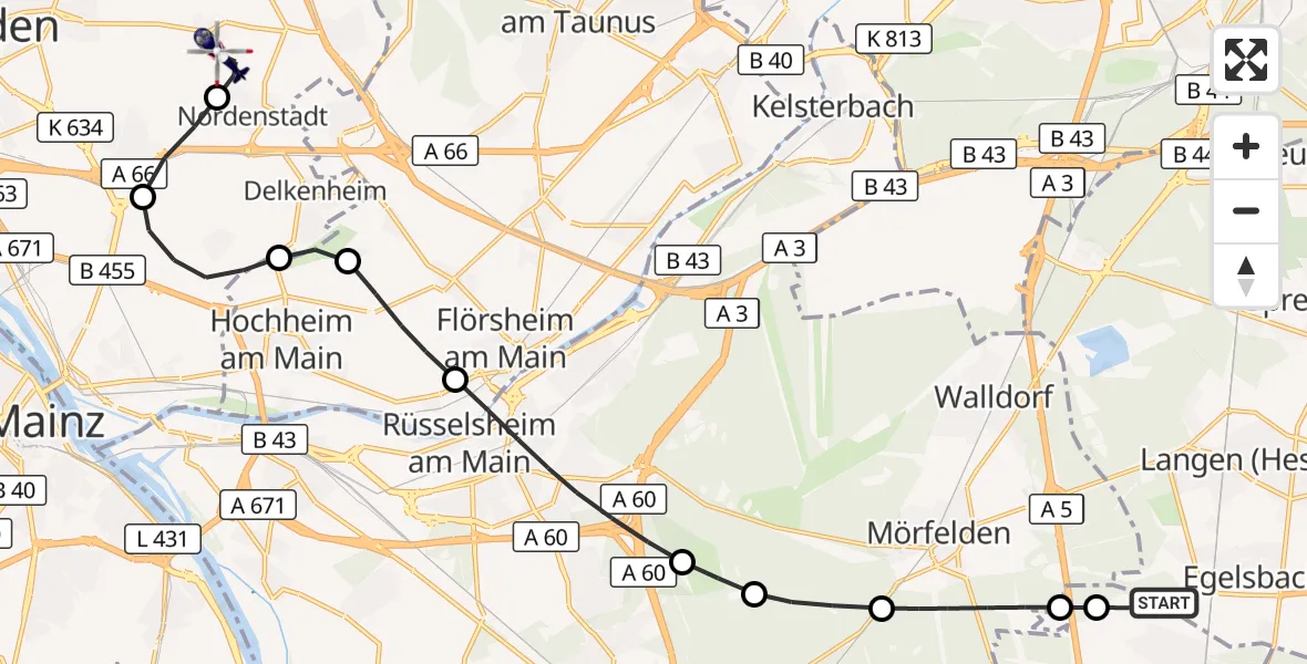 Flugroute Polizeihubschrauber Flughafen Frankfurt-Egelsbach - Wiesbaden, 18 Mai 2026, 10:43