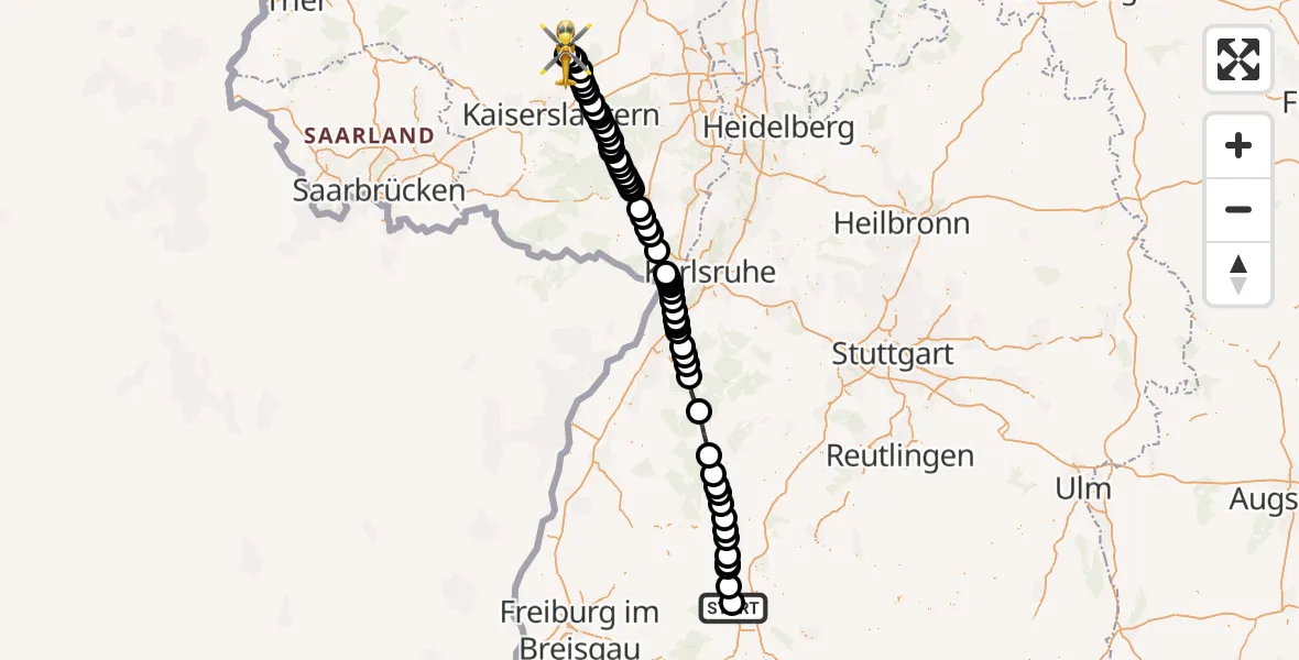 Flugroute Rettungshubschrauber DRF Air Rescue Station Villingen-Schwenningen Hubschrauberlandeplatz (Christoph 11) - Imsweiler UL, 18 Mai 2026, 10:43