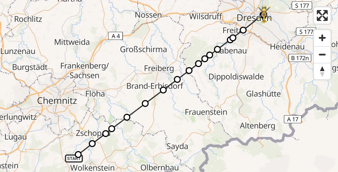Flugroute Rettungshubschrauber Thum - Dresden University Hospital, 18 Mai 2026, 10:46