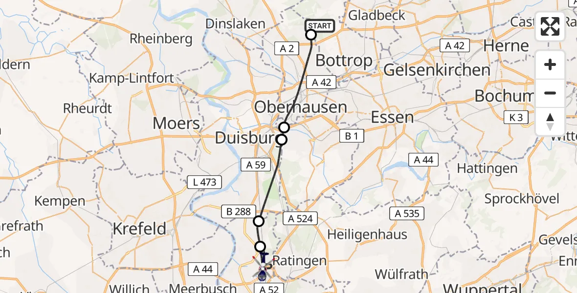 Flugroute Polizeihubschrauber Bottrop - Düsseldorf Flughafen, 18 Mai 2026, 10:47