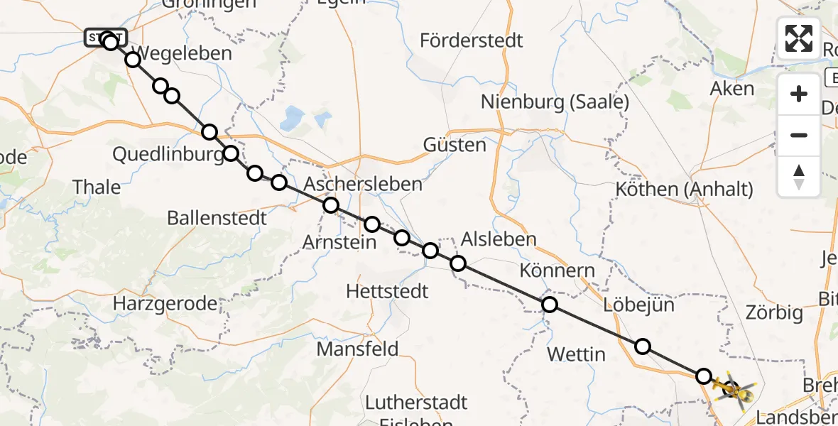 Flugroute Rettungshubschrauber AMEOS Hospital Sankt Salvator Halberstadt - Halle-Oppin Flugplatz, 18 Mai 2026, 10:49