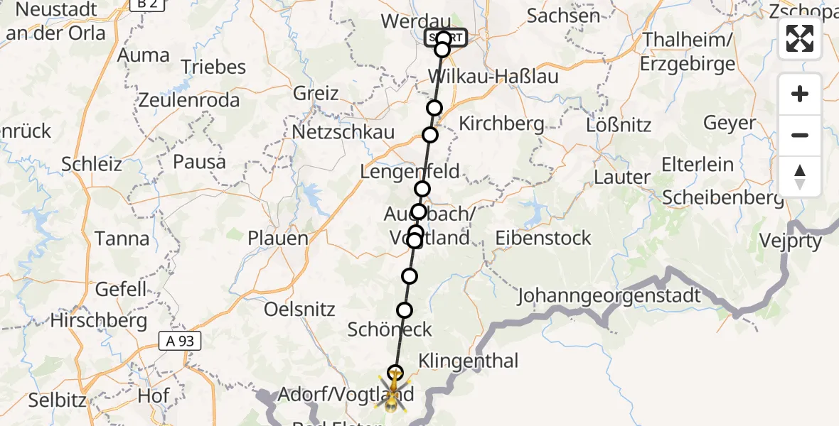 Flugroute Rettungshubschrauber ADAC Air Rescue Station Zwickau Hubschrauberlandeplatz - Markneukirchen, 18 Mai 2026, 10:53