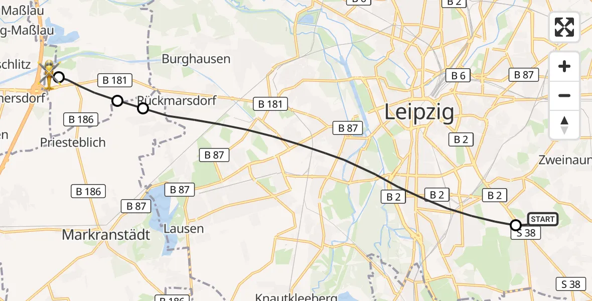 Flugroute Rettungshubschrauber Leipzig Heart Center Rooftop Hubschrauberlandeplatz - ADAC Air Rescue Station Leipzig/Schkeuditz-Dölzig Hubschrauberlandeplatz (Christoph 61), 18 Mai 2026, 10:57