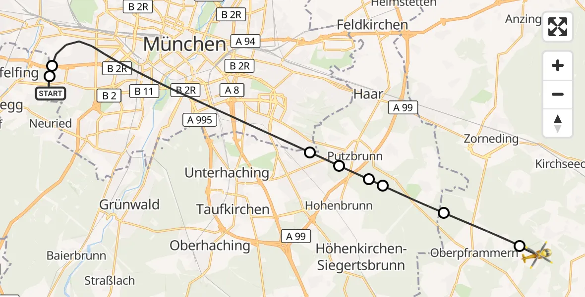 Flugroute Rettungshubschrauber DRF Air Rescue München Hubschrauberlandeplatz - Moosach, 18 Mai 2026, 10:58