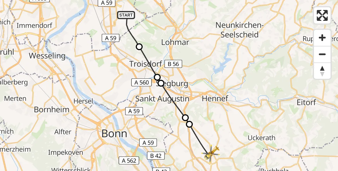 Flugroute Rettungshubschrauber Köln Bonn Flughafen - Königswinter, 18 Mai 2026, 11:02