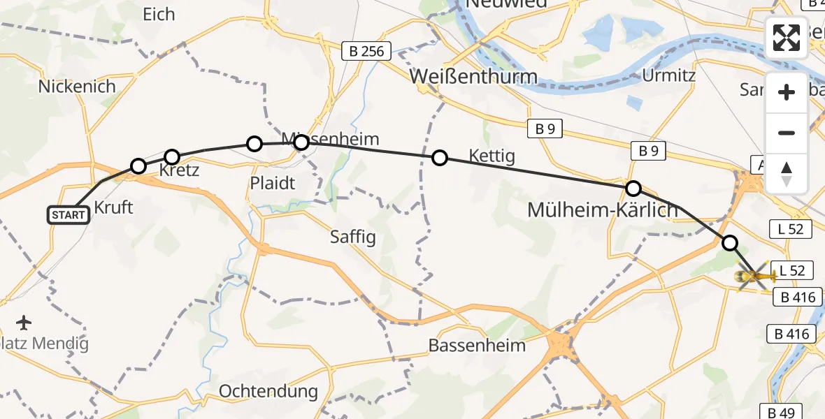 Flugroute Rettungshubschrauber Kruft - Koblenz, 18 Mai 2026, 11:04