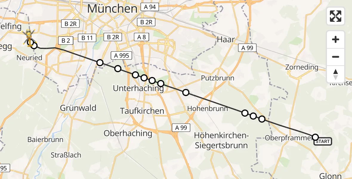 Flugroute Rettungshubschrauber Moosach - DRF Air Rescue München Hubschrauberlandeplatz, 18 Mai 2026, 11:14