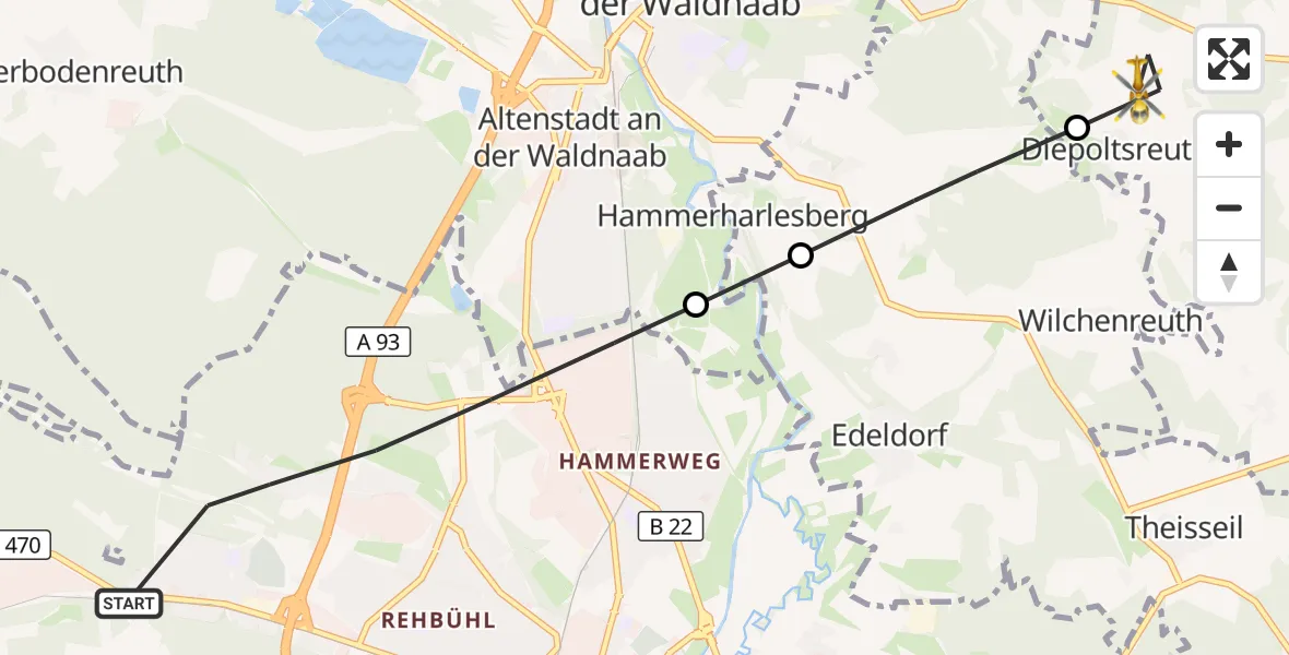 Flugroute Rettungshubschrauber Weiden i.d.OPf. - Floß, 18 Mai 2026, 11:14