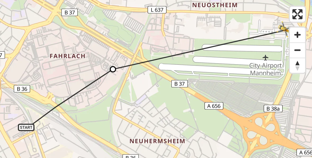 Flugroute Rettungshubschrauber Mannheim - Mannheim-City Flughafen, 18 Mai 2026, 11:15
