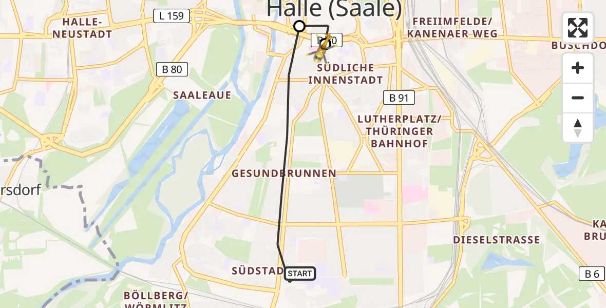 Flugroute Rettungshubschrauber Halle (Saale) - Sankt Elisabeth and Sankt Barbara Hospital Halle (Saale), 18 Mai 2026, 11:18
