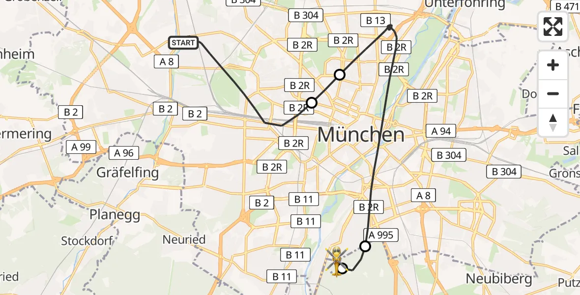 Flugroute Rettungshubschrauber München - ADAC Air Rescue Center Hubschrauberlandeplatz (Christoph 1), 18 Mai 2026, 11:20