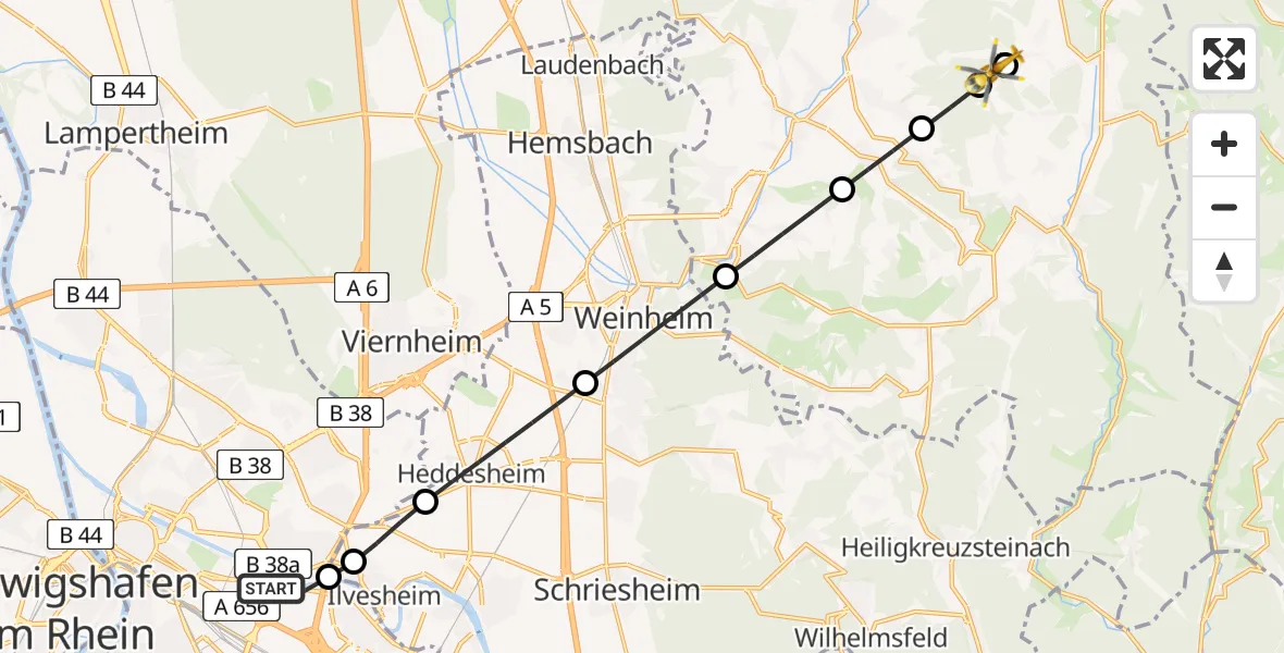 Flugroute Rettungshubschrauber Mannheim-City Flughafen - Grasellenbach, 18 Mai 2026, 11:25