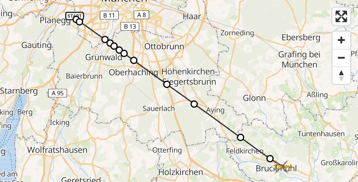 Flugroute Rettungshubschrauber DRF Air Rescue München Hubschrauberlandeplatz - Bruckmühl, 18 Mai 2026, 11:32