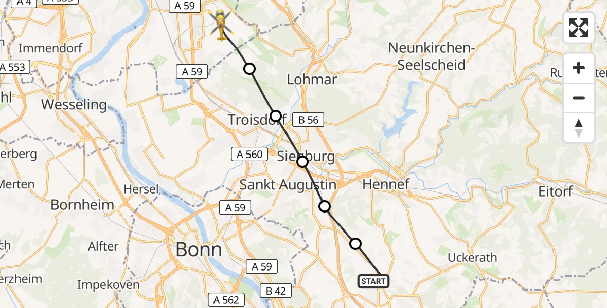 Flugroute Rettungshubschrauber Königswinter - Köln Bonn Flughafen, 18 Mai 2026, 11:42