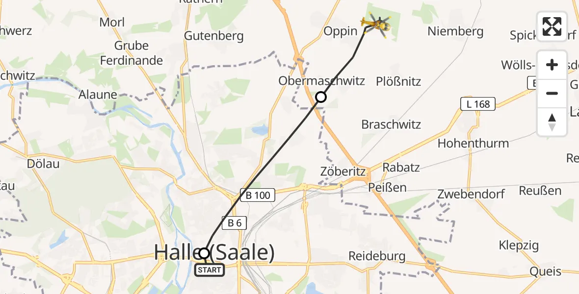 Flugroute Rettungshubschrauber Sankt Elisabeth and Sankt Barbara Hospital Halle (Saale) - Halle-Oppin Flugplatz, 18 Mai 2026, 11:42