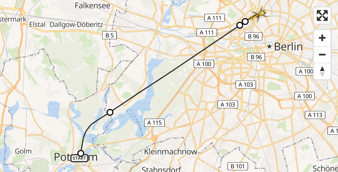 Flugroute Rettungshubschrauber Ernst von Bergmann Clinic Hubschrauberlandeplatz - Berlin, 18 Mai 2026, 11:50
