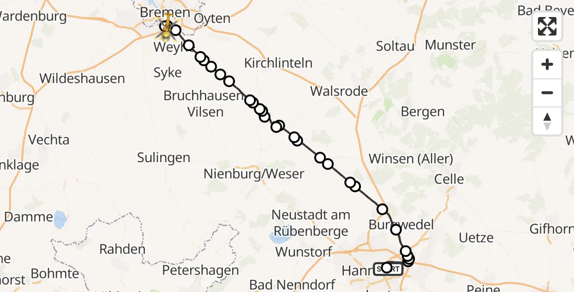 Flugroute Rettungshubschrauber Hannover Luftrettung Hubschrauberlandeplatz (Christoph 4) - ADAC Air Rescue Station Bremen Hubschrauberlandeplatz (Christoph 6), 18 Mai 2026, 11:56