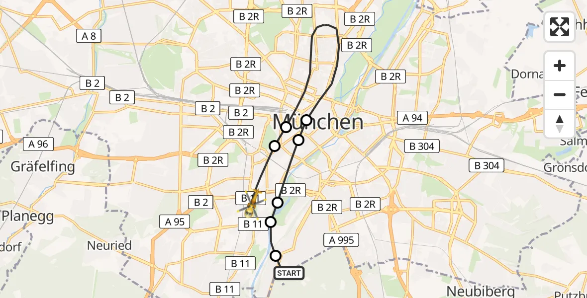 Flugroute Rettungshubschrauber ADAC Air Rescue Center Hubschrauberlandeplatz (Christoph 1) - München, 18 Mai 2026, 11:56