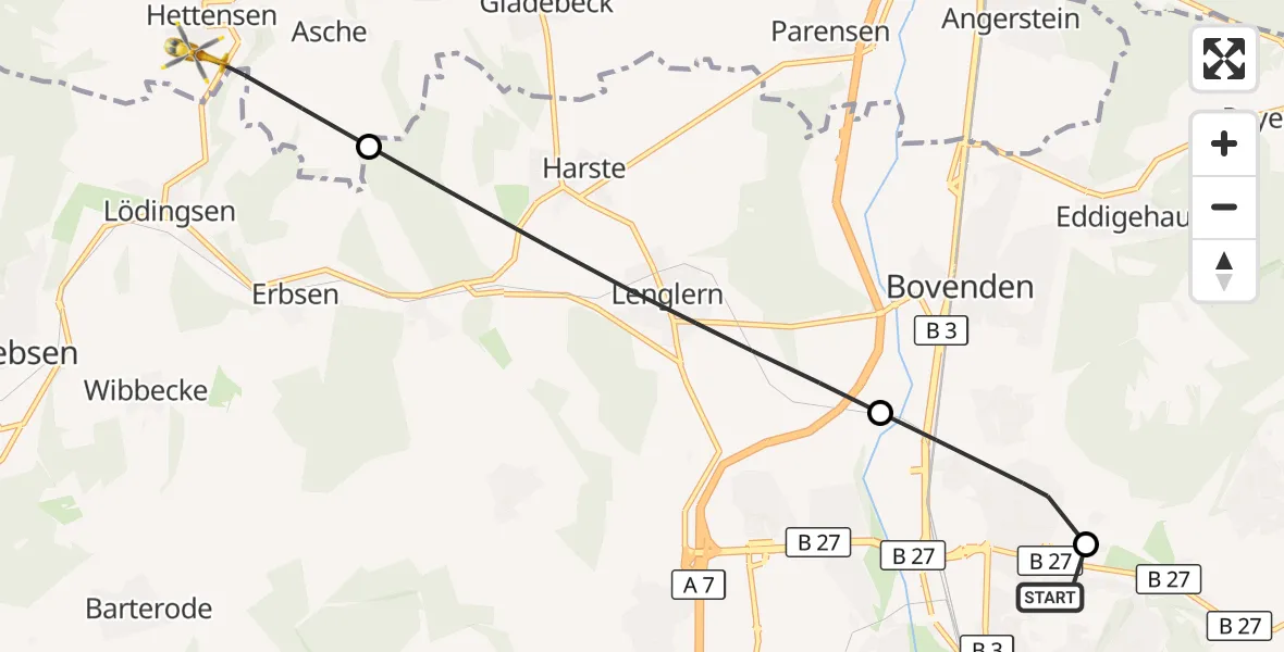 Flugroute Rettungshubschrauber Göttingen University Clinic Hubschrauberlandeplatz - Hardegsen, 18 Mai 2026, 11:58