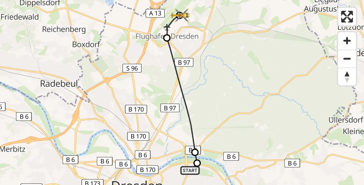 Flugroute Rettungshubschrauber Dresden University Hospital - Dresden Bundespolizei Hubschrauberlandeplatz, 18 Mai 2026, 12:00