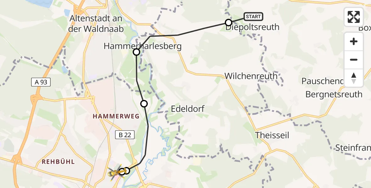 Flugroute Rettungshubschrauber Floß - Weiden Hospital, 18 Mai 2026, 12:06