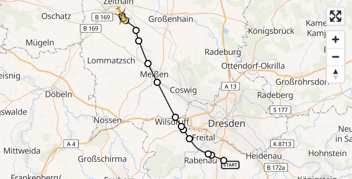 Flugroute Ambulanzhubschrauber Kreischa - Riesa, 18 Mai 2026, 12:10