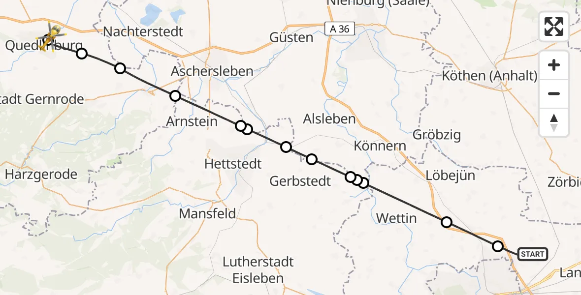 Flugroute Rettungshubschrauber Landsberg - Harz Hospital Quedlinburg, 18 Mai 2026, 12:13
