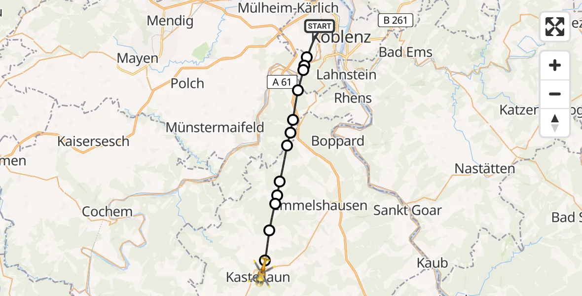 Flugroute Rettungshubschrauber Koblenz - Kastellaun, 18 Mai 2026, 12:35