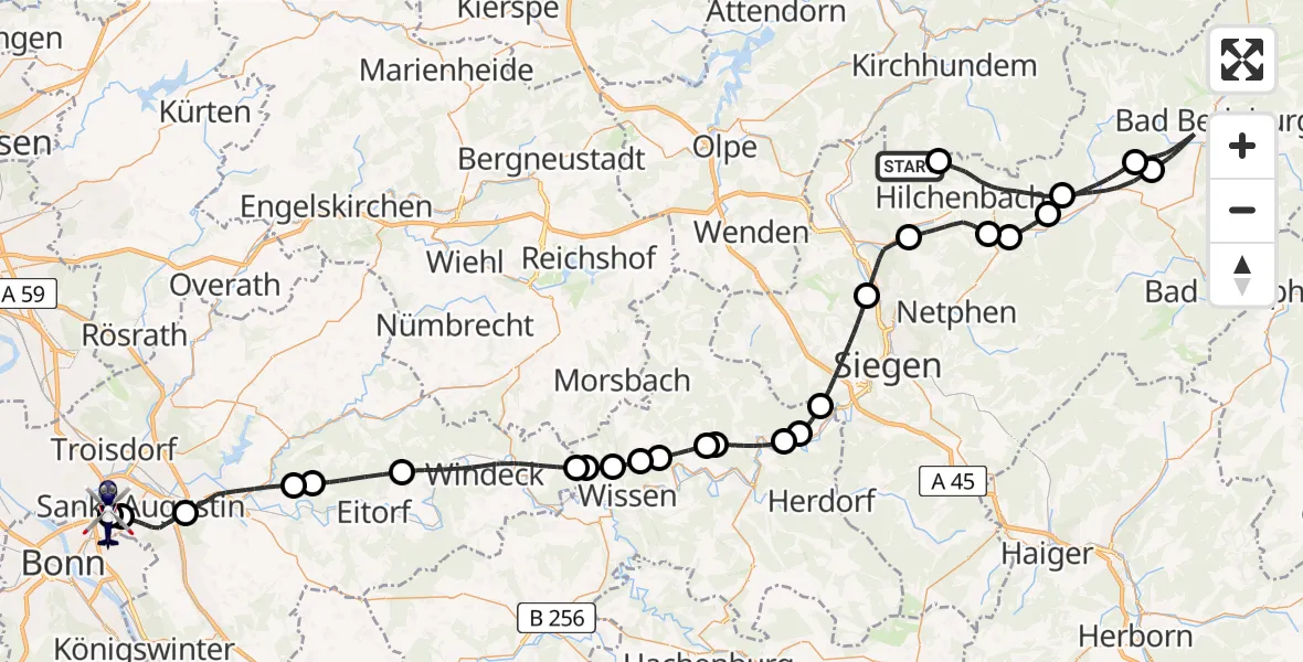 Flugroute Polizeihubschrauber Kirchhundem - Sankt Augustin, 18 Mai 2026, 12:35