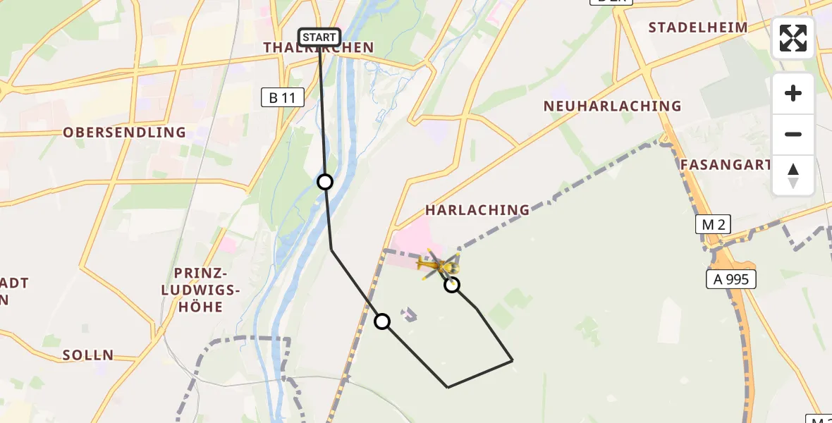 Flugroute Rettungshubschrauber München South Surgical Hospital - ADAC Air Rescue Center Hubschrauberlandeplatz (Christoph 1), 18 Mai 2026, 12:35