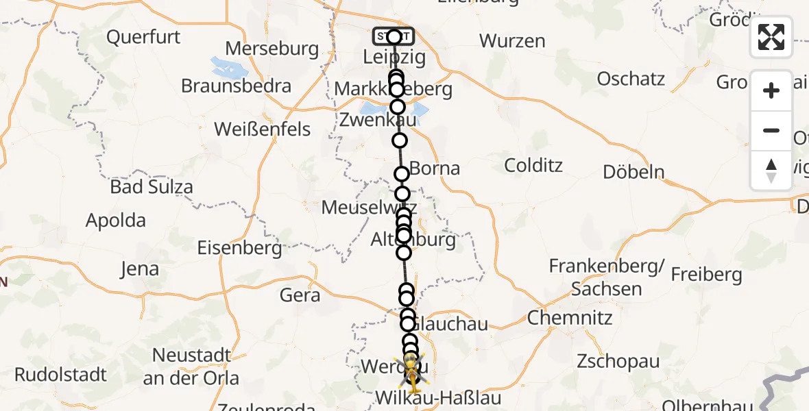Flugroute Rettungshubschrauber Sankt Georg Hospital Leipzig Reserve - ADAC Air Rescue Station Zwickau Hubschrauberlandeplatz, 18 Mai 2026, 12:39