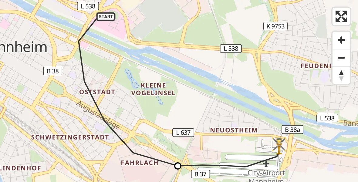 Flugroute Rettungshubschrauber Mannheim - Mannheim-City Flughafen, 18 Mai 2026, 12:42