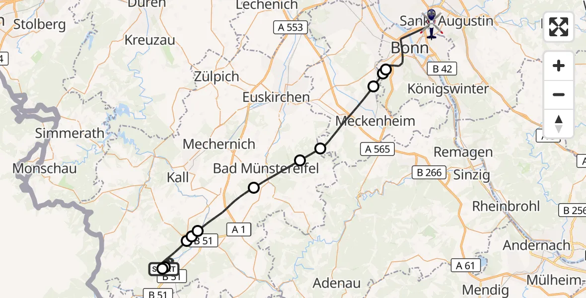 Flugroute Polizeihubschrauber Dahlem - Sankt Augustin, 18 Mai 2026, 12:42